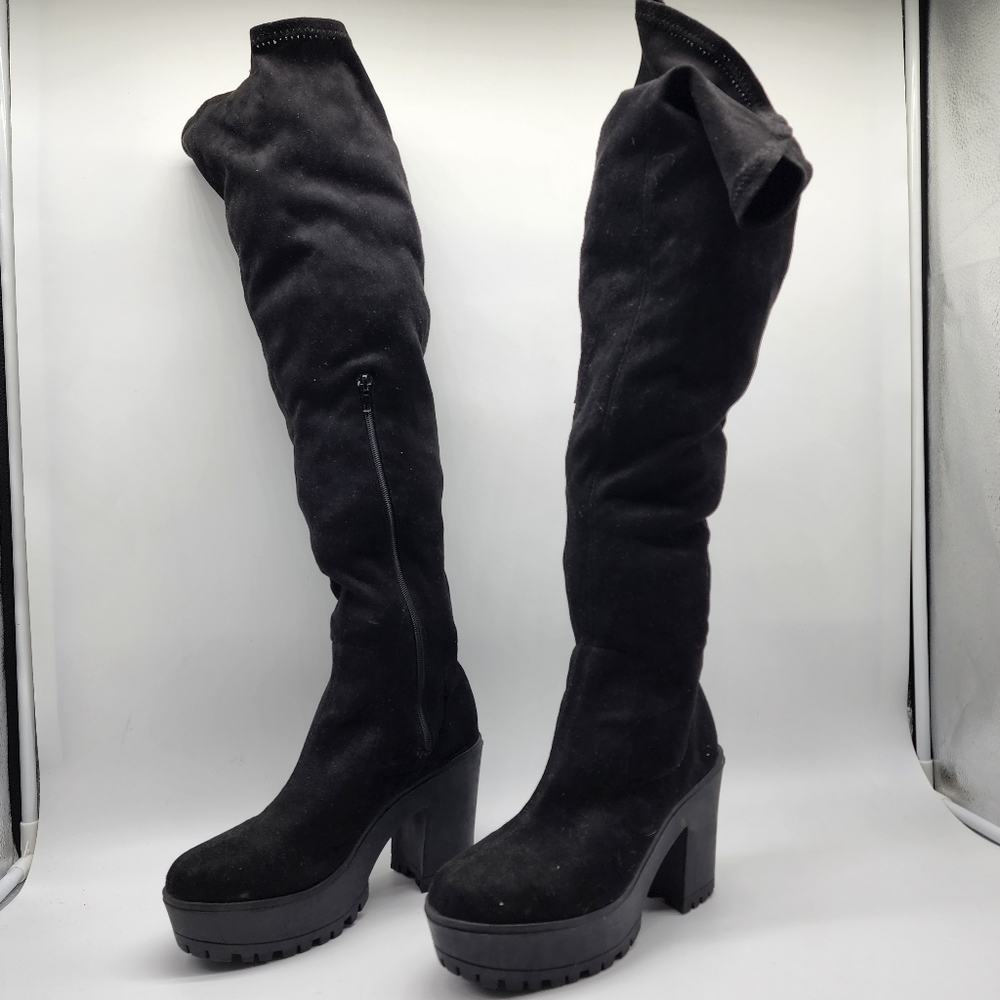 Aus 10 Black Thigh High Platform Faux Suede Boots - Picture 14 of 16
